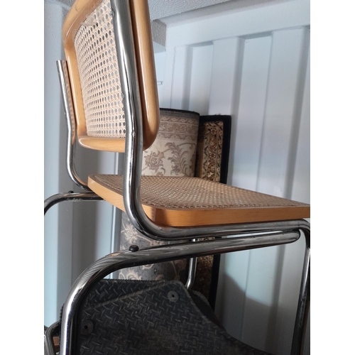 201 - Pair of modern cane seat and metal frame dining chairs, box of oddments, modern carpet