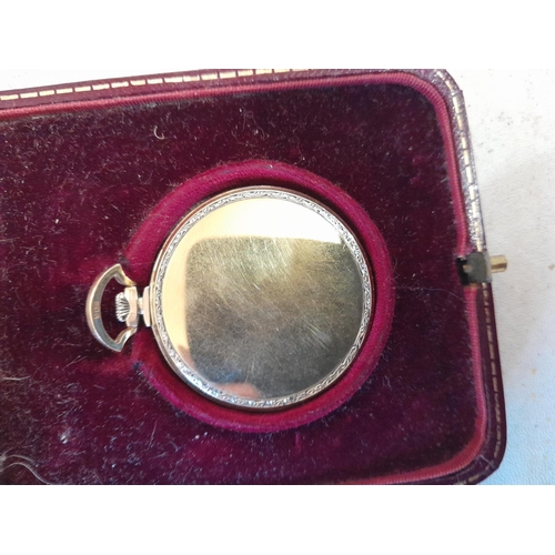 291 - Vintage pocket watch in 18 ct gold case with light niello work down case sides in box of issue