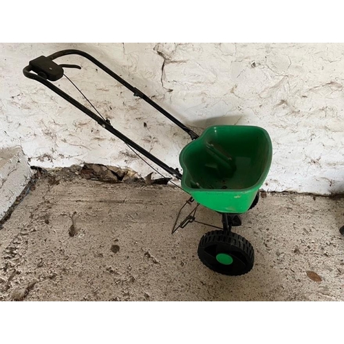 294 - Chicken Feeder, Four Vintage Garden Sprays, vintage silage cutter, lawns seed spreader