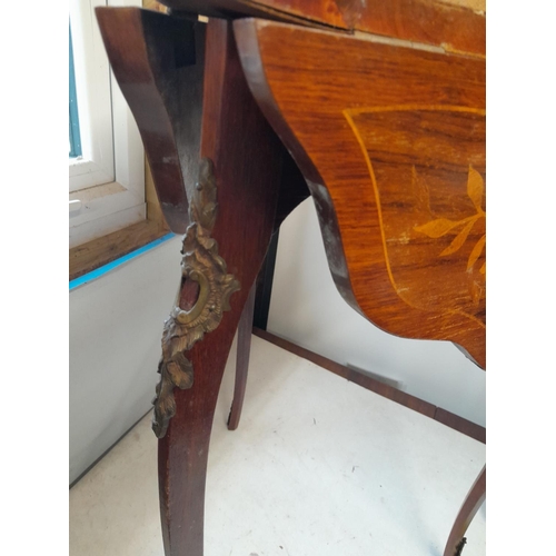 328 - Early 20th century French trefoil folding table with inlay and brass mounts, needs repolishing