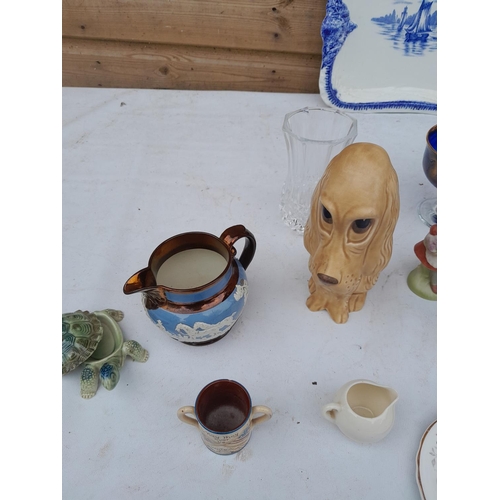 350 - Decorative china and glass : Szeiler dog, damaged miniature Torquay ware mug, Blue and white dish ch... 