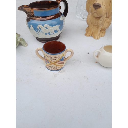 350 - Decorative china and glass : Szeiler dog, damaged miniature Torquay ware mug, Blue and white dish ch... 