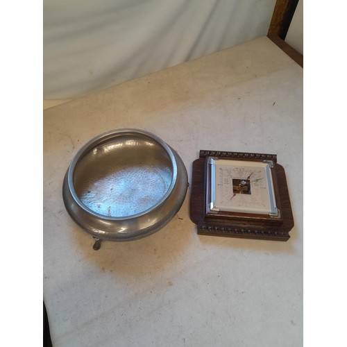 2 - Vintage oak case wall barometer & Craftsmen beaten pewter fruit bowl