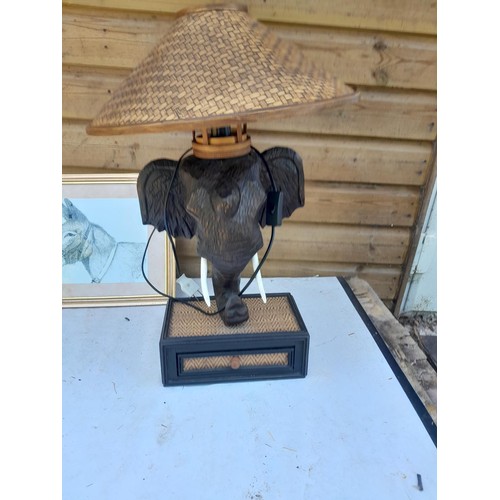 5 - Vintage South East Asian carved hardwood elephant lamp with bamboo shade and donkey print