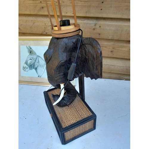 5 - Vintage South East Asian carved hardwood elephant lamp with bamboo shade and donkey print