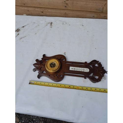 48 - Vintage wall barometer with thermometer in carved oak case