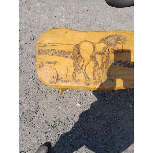 123 - Rustic carved ash coffee table, horse and pony theme possibly by Guy Solf