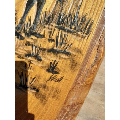 124 - Carved rustic ash panel signed by carver, horse and pony theme