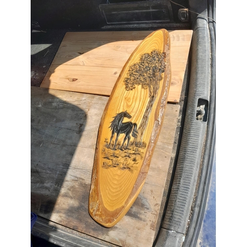 124 - Carved rustic ash panel signed by carver, horse and pony theme