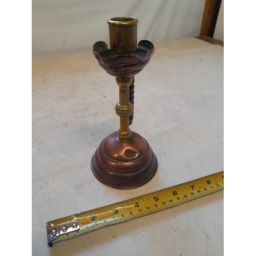 131 - Benham and Froud brass and copper candlestick with ebony handle, Dr Christopher Dresser design, slig... 