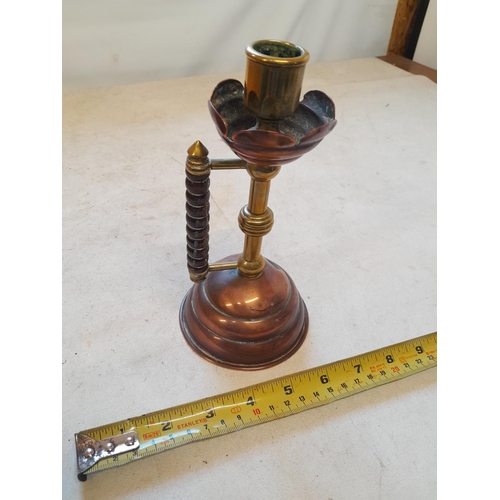 131 - Benham and Froud brass and copper candlestick with ebony handle, Dr Christopher Dresser design, slig... 