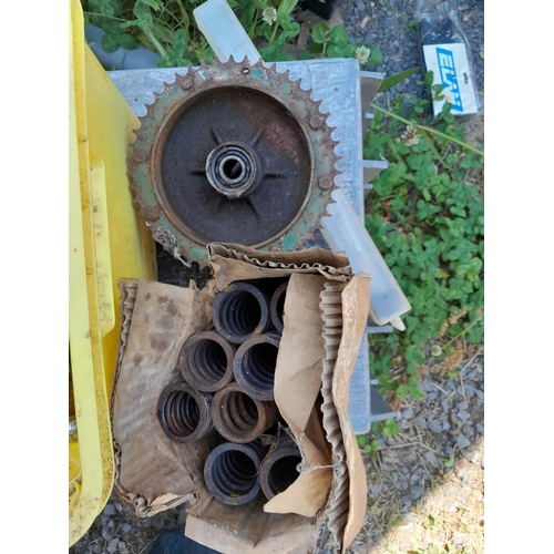 133 - Box of garage equipment : springs, suspension coils etc. , possible vintage motorcycle interest