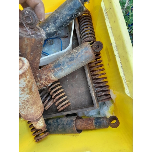 133 - Box of garage equipment : springs, suspension coils etc. , possible vintage motorcycle interest