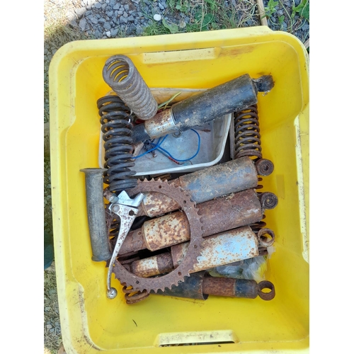 133 - Box of garage equipment : springs, suspension coils etc. , possible vintage motorcycle interest