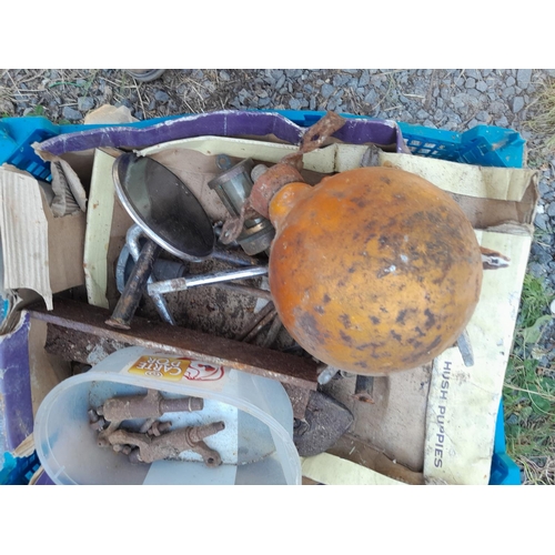 134 - Box of garage equipment : possible vintage motorcycle and car interest : light cover and wing mirror... 