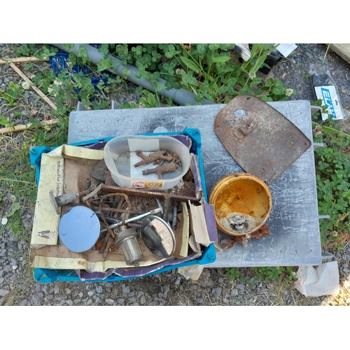 134 - Box of garage equipment : possible vintage motorcycle and car interest : light cover and wing mirror... 