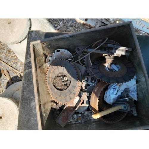 136 - Box of garage equipment : possible vintage motorcycle and car interest, kitchen scales etc. piston r... 