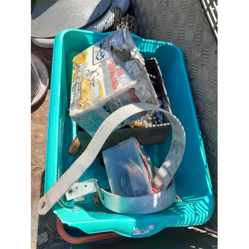 136 - Box of garage equipment : possible vintage motorcycle and car interest, kitchen scales etc. piston r... 