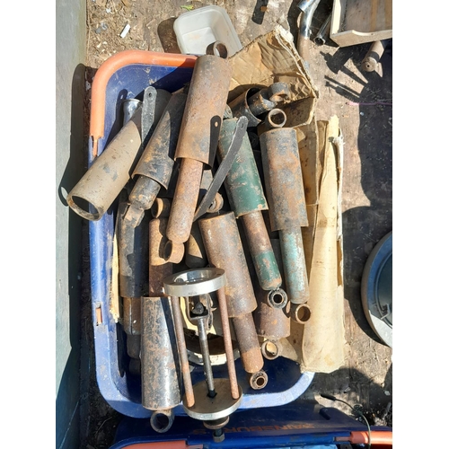 137 - Box of garage equipment : possible vintage motorcycle and car interest : Suspension rods and torsion... 