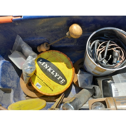 139 - Box of garage equipment : possible vintage motorcycle and car interest, filters etc. some boxed