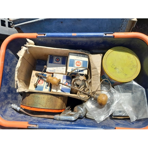 139 - Box of garage equipment : possible vintage motorcycle and car interest, filters etc. some boxed