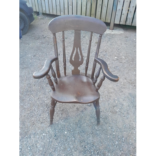 156 - 19th century Windsor carver kitchen chair with carved splat, turned stretchers, much later paintwork... 