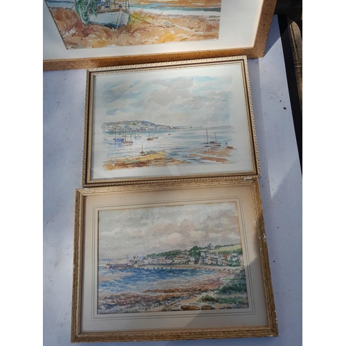 158 - 3 x watercolours by Doris Luxton of North Devon Marine scenes with 2 x table lamps