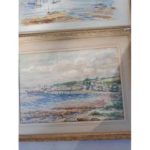 158 - 3 x watercolours by Doris Luxton of North Devon Marine scenes with 2 x table lamps