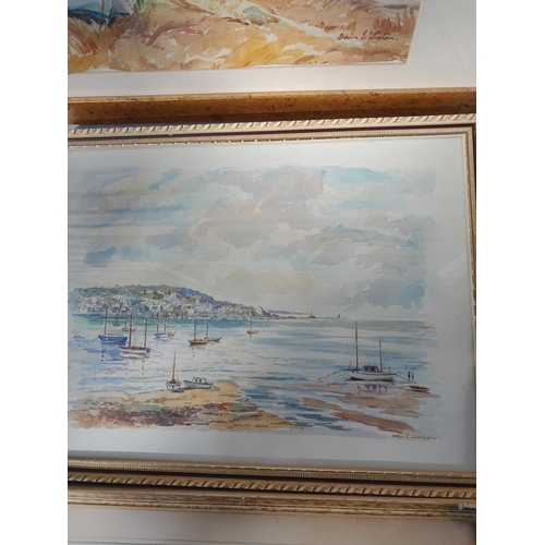 158 - 3 x watercolours by Doris Luxton of North Devon Marine scenes with 2 x table lamps
