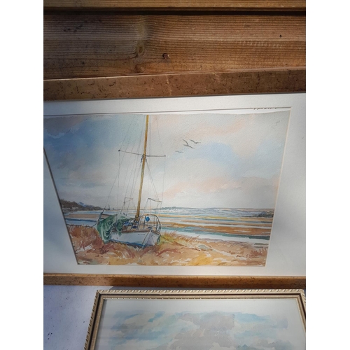 158 - 3 x watercolours by Doris Luxton of North Devon Marine scenes with 2 x table lamps
