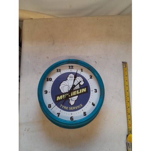 172 - Vintage style Michelin Man advertising metal frame wall clock