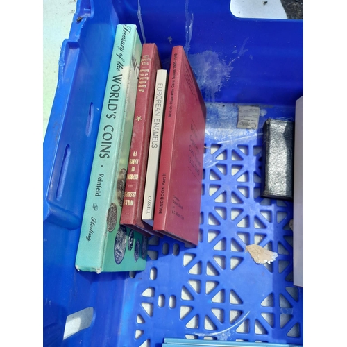 209 - Volumes with antique collecting theme, Dolls, Staffordshire Blue and white, coins and medals