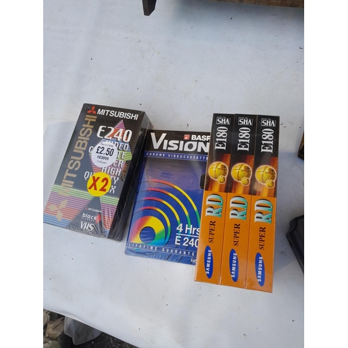 222 - Sealed video cassette tapes, oak bookshelf, Sanyo Walkman no battery cover etc.