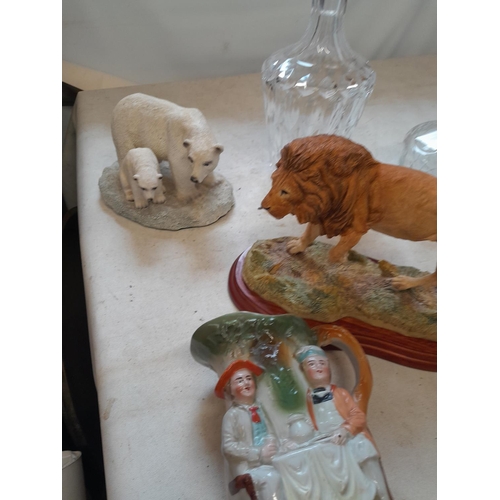 223 - Resin figures, Dornat ginger beer bottle, 2 x glass decanters etc