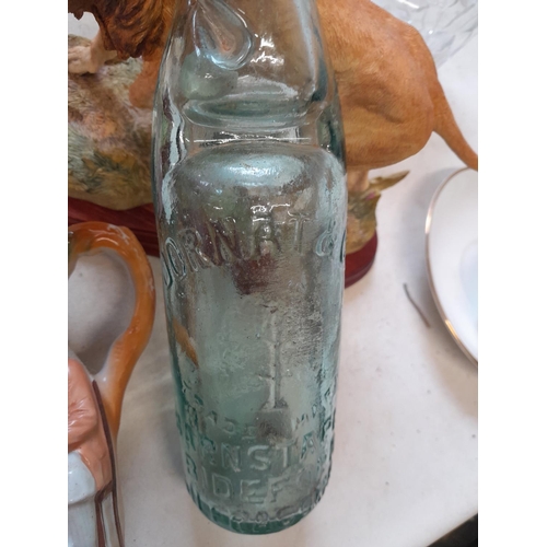223 - Resin figures, Dornat ginger beer bottle, 2 x glass decanters etc
