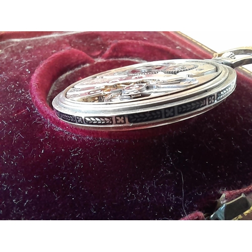 252 - Vintage pocket watch in 18 ct gold case with light niello work down case sides in box of issue