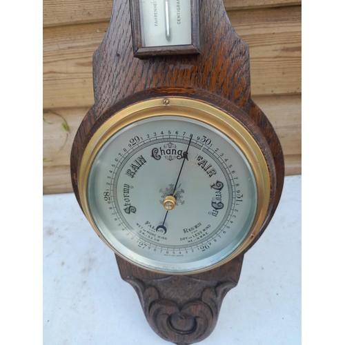 73 - Vintage carved oak case barometer with thermometer British Made, 58 cms