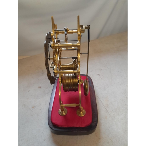 4 - Well made skeleton mantle clock with fusee movement on wooden base, with key and pendulum, in workin... 