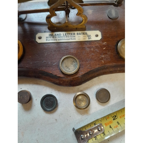 100 - Set of vintage postal scales with weights with Inland Letter Rates plaque