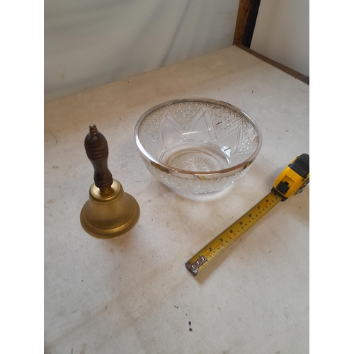 96 - Cut glass fruit bowl with silver rim Birm. 1881, restored with staples & vintage brass handbell