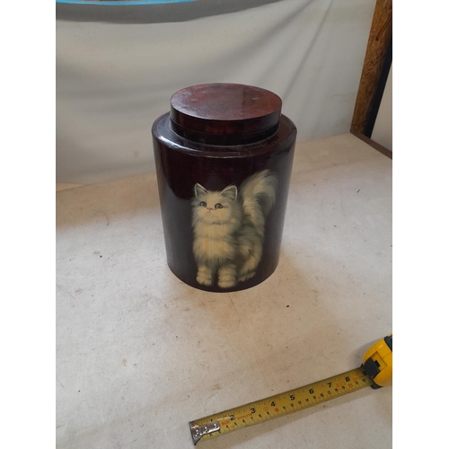 7 - Vintage hand painted wooden cannister depicting a kitten