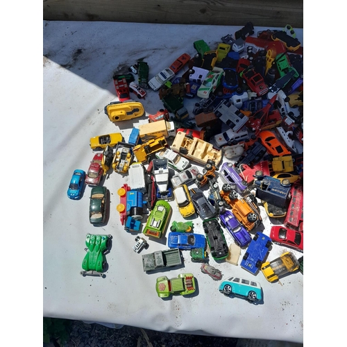 72 - Box of assorted play worn die cast toy cars, various makers and dates