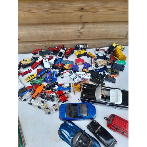 90 - Assorted play worn die cast toy cars, differing makers and dates