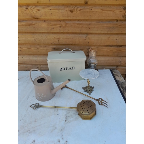 134 - Modern bread bin, watering can, brass chestnut roaster etc.