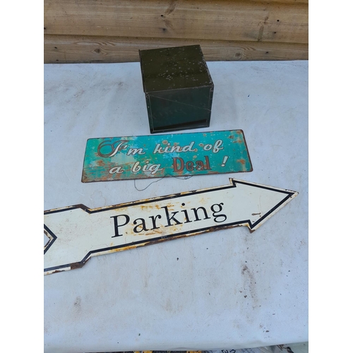 182 - Vintage STYLE painted signs and tin box