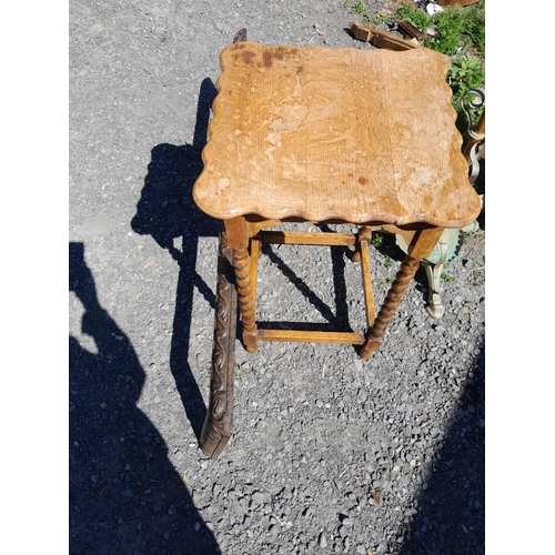 188 - Edwardian cast iron fire kerb, wine rack, new chicken wire sewing machine and oak barley twist table