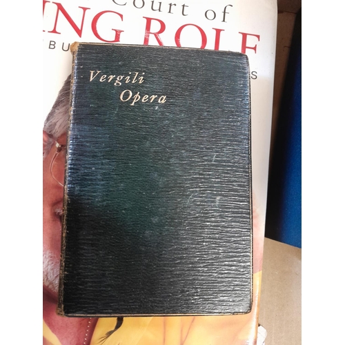 223 - Box of books : Signed Rolf Harris volume, Virgili Opera, full leather bound softback