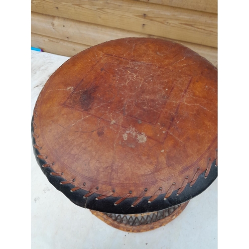 240 - Vintage Burmese rattan and leather stool circa 1945, wartime bring back