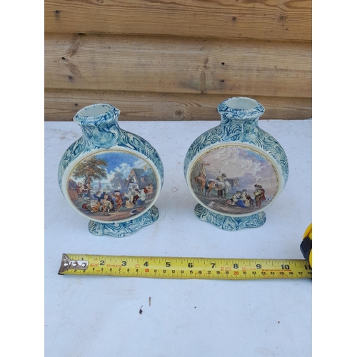 266 - Pair of scarce pattern Pratt ware double sided moon flasks with scumble and transfer print decoratio... 