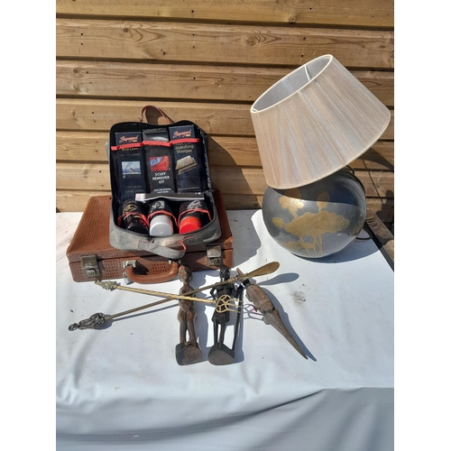 271 - Large heavy metal table lamp, car cleaning kit, briefcase, chamber pots etc.